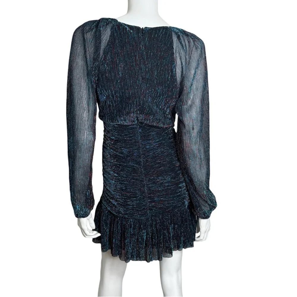 Skies Are Blue Runched Sheer Long Sleeve Black Teal Metallic Midi Dress - Picture 5 of 13